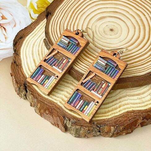 Wooden Book Earrings Teacher Earrings Librarian Book Lovers Gifts for Women Girls, Funky Unique Bookcase Book Shelf Science Earrings Jewelry, Handmade Book Club Readers Reading Gifts Presents in Kuwait