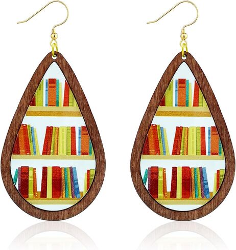 Wooden Book Earrings Teacher Earrings Librarian Book Lovers Gifts for Women Girls, Funky Unique Bookcase Book Shelf Science Earrings Jewelry, Handmade Book Club Readers Reading Gifts Presents in Kuwait