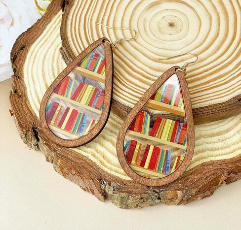 Wooden Book Earrings Teacher Earrings Librarian Book Lovers Gifts for Women Girls, Funky Unique Bookcase Book Shelf Science Earrings Jewelry, Handmade Book Club Readers Reading Gifts Presents in Kuwait