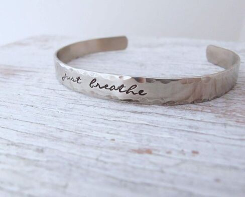 Just Breathe, Inspirational Jewelry, Yoga, Serenity, Lotus Flower, Silver Bracelet Cuff in Saudi Arabia