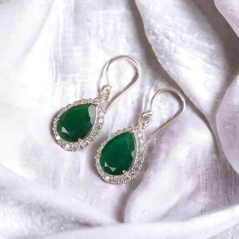 925 Sterling Silver CZ Drop & Dangle Earrings Elegant Teardrop Design for Weddings and Special Occasions (Green Onyx) in Saudi Arabia