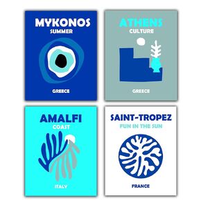 Preppy Travel Prints No.24 Wall Art Decor - Set of 4-8x10 UNFRAMED Abstract Aesthetic Boho Indie Matisse-Inspired Gift for Girls,Teens,Women. Vacation Resorts in France, Greece & Italy.