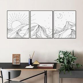 Mountain Line Art Abstract Landscape Set of 3 Prints Sun Moon Stars Line Wall Art Minimalist Wall Decor Living Room Bedroom Decor, UNFRAMED 11X14INCH