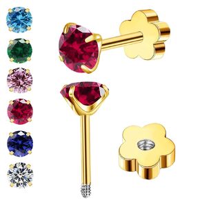 3mm G23 Flat Back Earrings for Women,14k Gold Plated Hypoallergenic Nap Screw Back Stud Earrings,Tiny Cubic Zirconia Earrings,Cartilage Nap Helix Earrings for Women (Pink Crystal)