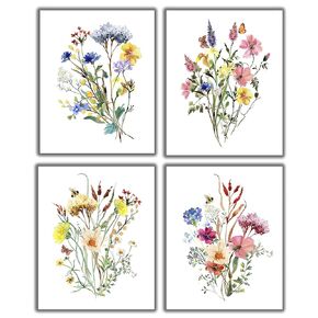 Wildflower Bouquets Wall Art - Set of 4-8x10 UNFRAMED Watercolor Floral Botanical Decor Prints in Shades of Red, Blue,Yellow, Orange, Purple, Pink & Green on White.