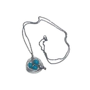 Robins Nest Necklace with Petite Silver Bird with 3 Turquoise Eggs on a 20 inch stainless steel link chain