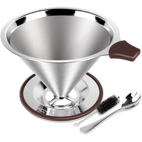 Pour Over Coffee Dripper, Professional Stainless Steel Coffee Filter, Paperless and Reusable, Upgraded Double Micro Mesh Filter with Spoon and Silicone Tray, Cleaning Brush (1-2 Cup)
