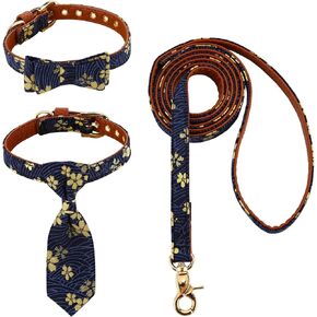 cat Bowtie & tie Collar with Leash (4 pcs) Adjustable Cute Dog Detachable Collar with Bell for Puppy Cats (Small, Japanese Sakura Red)