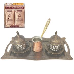 2-Person Handmade Coffee Set - Includes Tray, Cezve, and Coffee, Ideal for Tea and Coffee Service, Beverage and Snack Presentation, Durable and Functional(Silver)