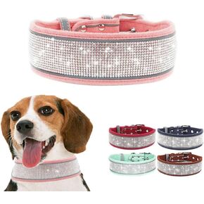 Pink Rhinestone Dog Collar for Large Dogs, Pretty Glitter Bling Dog Collar Diamond Sparkle Crystal Fancy Soft Pet Girl Dog Collars for Small Medium Large Female Dogs, L Wide 2-inch