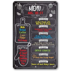 Chalkboard Style Weekly Food Menu Board for Kitchen, 12 inch by 18 inch Tin Sign Durable, Easy Hanging on Wall Dinner, Daily Chalk Menu Board for Kitchen (Markers Not Included)