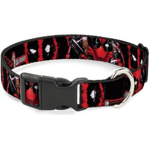 Marvel Comics Pet Collar, Dog Collar Plastic Buckle, Deadpool Action Poses Splatter Logo Black Red White, 13 to 17 Inches 1.5 Inch Wide