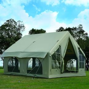 Inflatable Tent for Camping 4-8 People Large Blow Up Air Tents House, No Assembly Needed Luxury Glamping Tent, 10x10ft Waterproof Oxford, Field Green