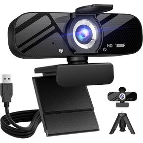 Full HD Webcam with Built-in Microphone and Rotatable Tripod, 1080P Video and Wide Angle Camera, Privacy Cover, for Desktop PC or Laptop Computer, Great for Calls, Video Conferencing, Live Streaming