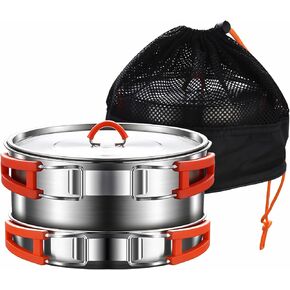 Camping Cooking Set,Camping Cookware Set,304 Stainless Steel Camping Pots and Pans Set, Includes Pot Nonstick Frying Pan Kettle in Mesh Bag for Hiking Outdoor Cooking Backpacking for 1-2 People