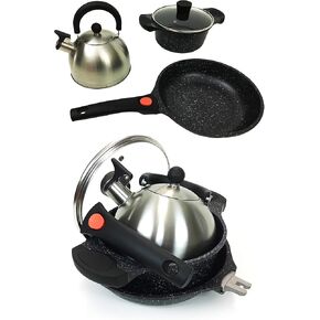 UNPLUG Camping Cooking Set | Cast Aluminum Camping Pots and Pans Set | Nonstick Triple Marble Coated Camping Cookware | Stainless Steel Retro Whistling Camping Kettle| Ideal Gas Stove Camping Mess Kit