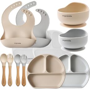 Ange Smile Silicone Baby Feeding Set - 12pcs Baby Led Weaning Supplies, Suction Bowl, Divided Plate, Spoons, Forks, Adjustable Bib, Eating Utensils for 6+ Months. Perfect baby registry essential gift