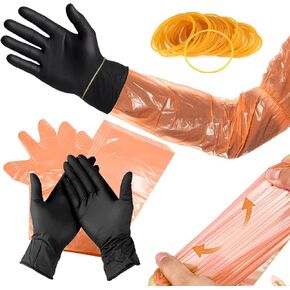 60 Pair Field Dressing Gloves Deer Gutting Hunting Cleaning Mittens Accessory Kit Include Disposable Arm Gloves and Short Nitrile Gloves Combo with 60 Pcs Rubber Bands Black Orange