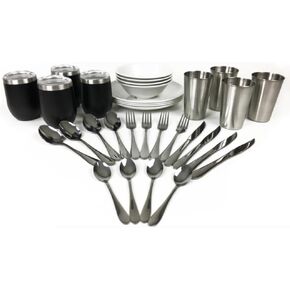 Unplug Luxury Camping Plates Cups and Bowls Set | Camping Dishes & Utensils Including Knives, Spoons and Forks | an All-Inclusive Camping Mess Kit | Camping Dinnerware