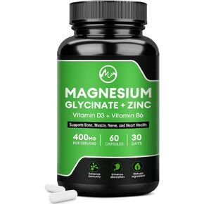 Magnesium Glycinate Capsules, Magnesium Supplement with Magnesium Glycinate 500mg Zinc Vitamin D3 & B6 - Promotes Nerve, Bowel, Relaxation Function - 60 Vegan Capsules for Women & Men