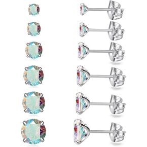 6 Pairs Stud Earrings Set, Hypoallergenic Cubic Zirconia Earrings 316L Stainless Steel CZ Earrings 3-8mm