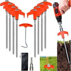 8 Pack 8" Screw in Tent Stakes Heavy Duty Ground Anchors, Tent Pegs Metal Tent Spikes Camping Tent Stakes with Hex Head Driver & Nail Extractor for Outdoor, Camping, Canopy, Gardening, Beach
