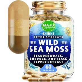 MAJU Wild Irish Sea Moss Capsules (120ct), Stronger Than Gel, 4-in-1 w/Bladderwrack + Burdock Root, Organic, Sebi Inspired, Raw, Seamoss Pills Powder, Wild, 1 Bottle