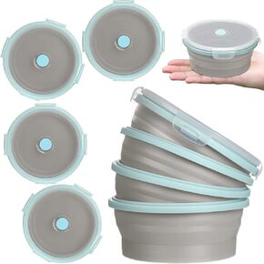 Suclain 4 Pcs Camping Bowl with Lid Collapsible Silicone Bowl Lunch Box Salad Bowl Expandable Food Storage Container Set Folding Travel Bowl for Hiking Heat (Blue Rim Gray,41 oz)