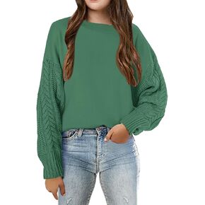Haloumoning Girl's Crew Neck Sweaters Kids Long Sleeve Drop Shoulder Pullover Cable Knit Chunky Contrast Sweater Tops