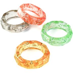 Viva Joya 4 Pcs Resin Rings, Plastic Rings Acrylic Rings for Women Teen Girls, Chunky Aesthetic Trendy Colorful Cute Stackable jewelry, Bulk Rings, Metallic Gold Silver Flakes, Statement Dome Thick Rings, Gift Set
