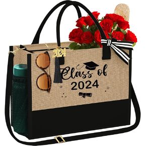 YOOLIFE Initial Jute Tote Bag with Zipper Pockets Adjustable Strap Travel Beach Bag Mothers Day Birthday Gifts for Women Her