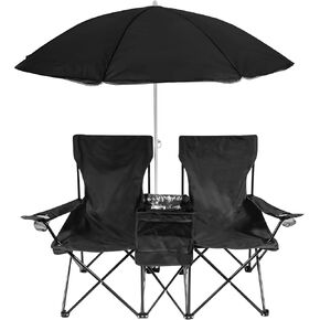 Trademark Innovations Double Folding Camp and Beach Chair with Removable Umbrella and Cooler, Black