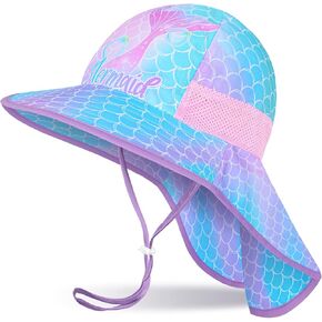 Girls Sun Hat for Kids UV Protection Unicorn Summer Hat Beach Play Hats Wide Brim Neck Flap for Girls Ponytail Hat 2-9 Years