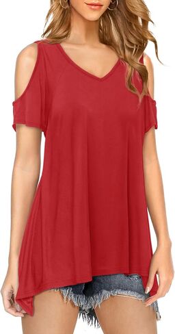 Beluring Womens Cold Shoulder Tops Summer Short Sleeve V Neck Casual Tunic Tee Shirts in Kuwait