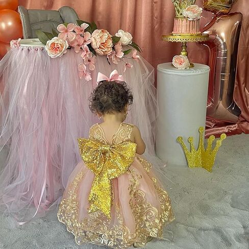 0-6T Big Bowknot Sequins Toddler Baby Girls Embroidered Lace Dresses with Headwear in Saudi Arabia