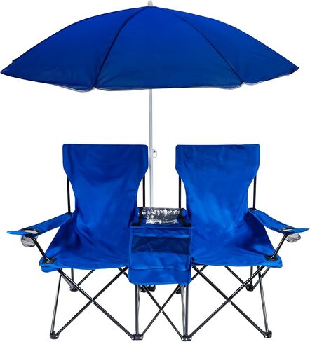 Trademark Innovations Double Folding Camp and Beach Chair with Removable Umbrella and Cooler, Black in Saudi Arabia