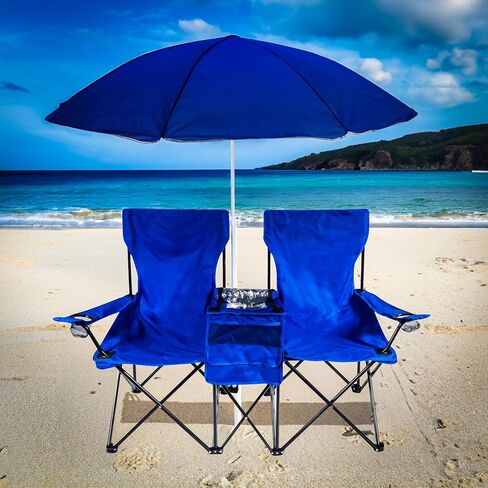 Trademark Innovations Double Folding Camp and Beach Chair with Removable Umbrella and Cooler, Black in Saudi Arabia