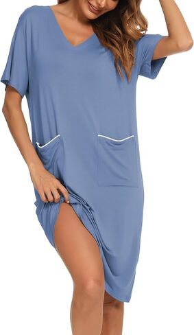 YYA Loose Nightgowns for Women Short Sleeve Sleepwear V Neck Nightshirt with Pockets Soft Pajama Dress S-3XL in Kuwait
