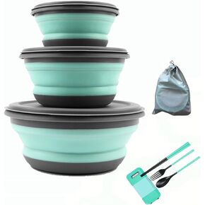 Collapsible Camping Bowls with Lid, 3 Pcs Foldable Bowl Portable Travel Bowl with Folding Tableware & Storage Bag, Plastic Expandable Food Storage Containers Set for To-Go Lunch, Hiking