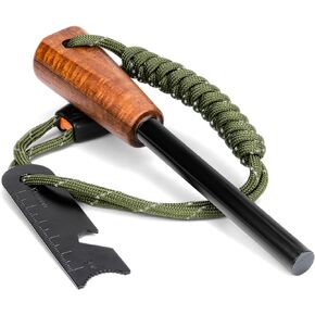 Fire Starter Survival Tool - Handmade Wooden Handle 3/8" Thick Ferro Rod with Striker and Umbrella Rope Waterproof Iron Rod Flint and Steel Fire Starter Kit