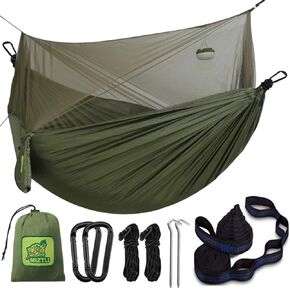 Camping Hammock with Net and Rain Fly, Portable Lightweight Outdoor Hammock Tree Travel Backpacking Hammock Tent with 20Ft(Total) Tree Straps, Perfect for Camping Hiking Yard Adventure Survival
