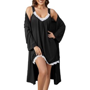 ENJOYNIGHT Women's Robes Set Sexy V-Neck 2 Pieces Lingerie Nightgown with Robes Pajama Set Lace Cami Sleepwear