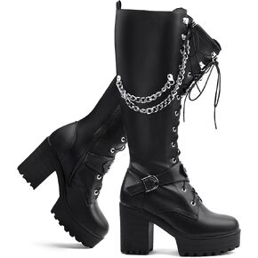 SeiteHuud Women Fashion Platform Knee Boots Gothic Block Heels Knee High Boots Lace up Comfortable Heeled Boots