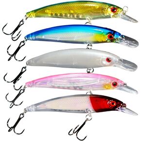5-Piece Long Cast Floating Minnow Bait Set with Hanging Lures, Simulated Hard Bait Kit, Suitable for Freshwater/Saltwater, with Tackle Box.
