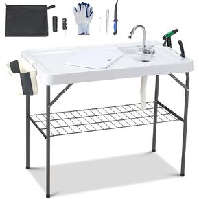 Dragosum Outdoor Sink Fish Cleaning Table Portable Camping Table with Faucet Hose Hook Up Grid Rack, Fish Fillet Camping Sink Table with 7pc Fish Cleaning Kit for Picnic Beach Patio in Saudi Arabia