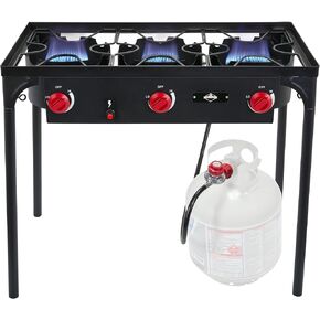 Hike Crew Auto Ignition 3-Burner Outdoor Gas Stove | 225,000 BTU Portable Propane-Powered Cooktop with Blue Flame Control, Removable Legs, Temperature Setting Knobs | Includes Hose & Regulator