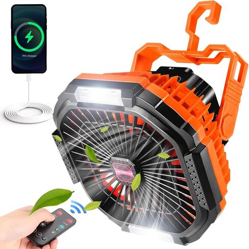 Odoland Portable Camping Fan with LED Light, 7800mAh Rechargeable Battery Operated Fan Lantern with Hook & Remote, USB Fan for Tent RV Hurricane Outages Emergency in Saudi Arabia