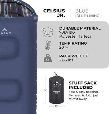 TETON Junior, 20 Degree and 0 Degree Sleeping Bags. Finally, Sleeping Bag for Boys, Girls, all Kids, Warm and Comfortable, for all camping weather and built to last in Kuwait