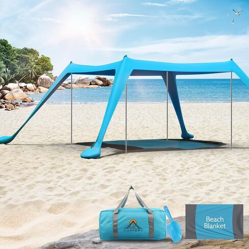COPFERY Beach Tent Sun Shelter for Family 10x10 FT UPF50+ Windproof Beach Canopy with Mat, Sand Shovel, Ground Pegs and Stability 4 Aluminum Poles in Saudi Arabia