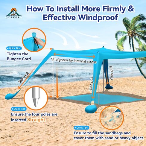 COPFERY Beach Tent Sun Shelter for Family 10x10 FT UPF50+ Windproof Beach Canopy with Mat, Sand Shovel, Ground Pegs and Stability 4 Aluminum Poles in Saudi Arabia